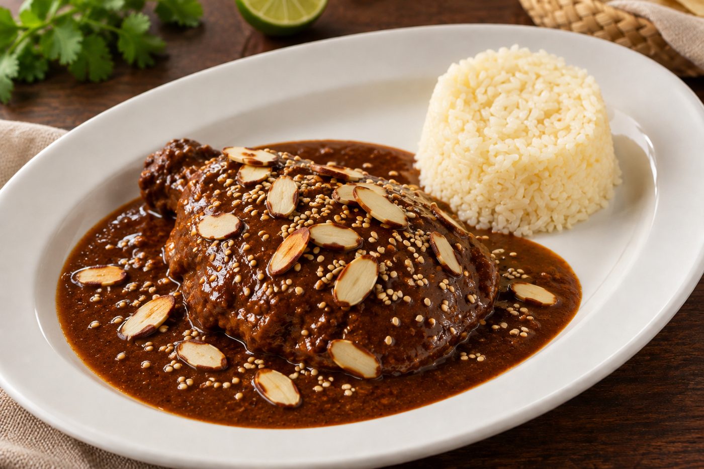Muslo de pollo con mole almendrado y arroz blanco